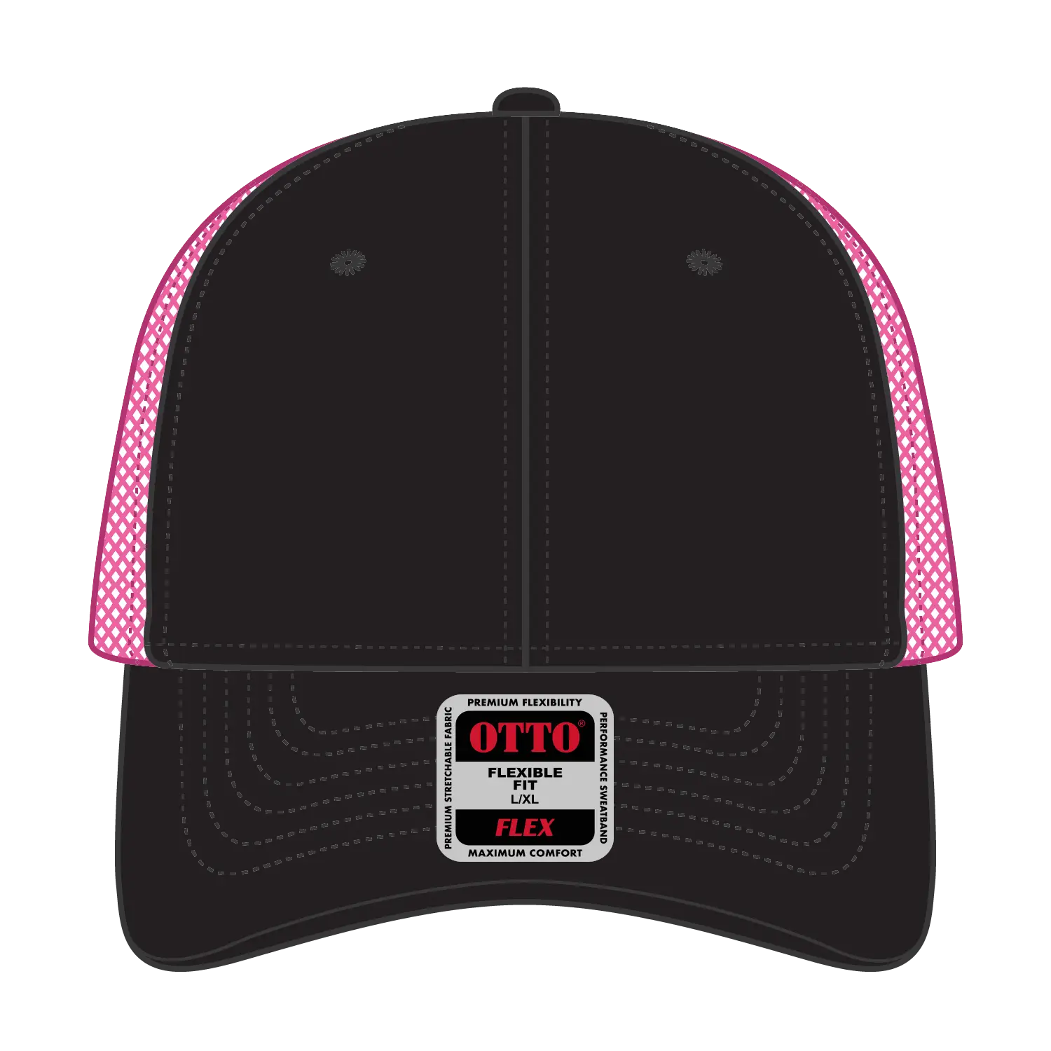 OTTO 135-2 ’OTTO Flex’ Fitted 6 Panel Low Profile Mesh Back Trucker Cap - Blk/Blk/N.Pnk - Blk/Blk/N.Pnk / 7 3/8’’ - 7