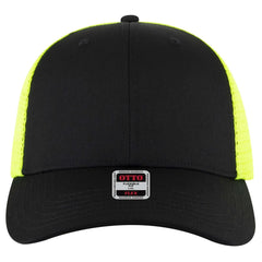 OTTO 135-2 ’OTTO Flex’ Fitted 6 Panel Low Profile Mesh Back Trucker Cap - Blk/Blk/N.Ylw