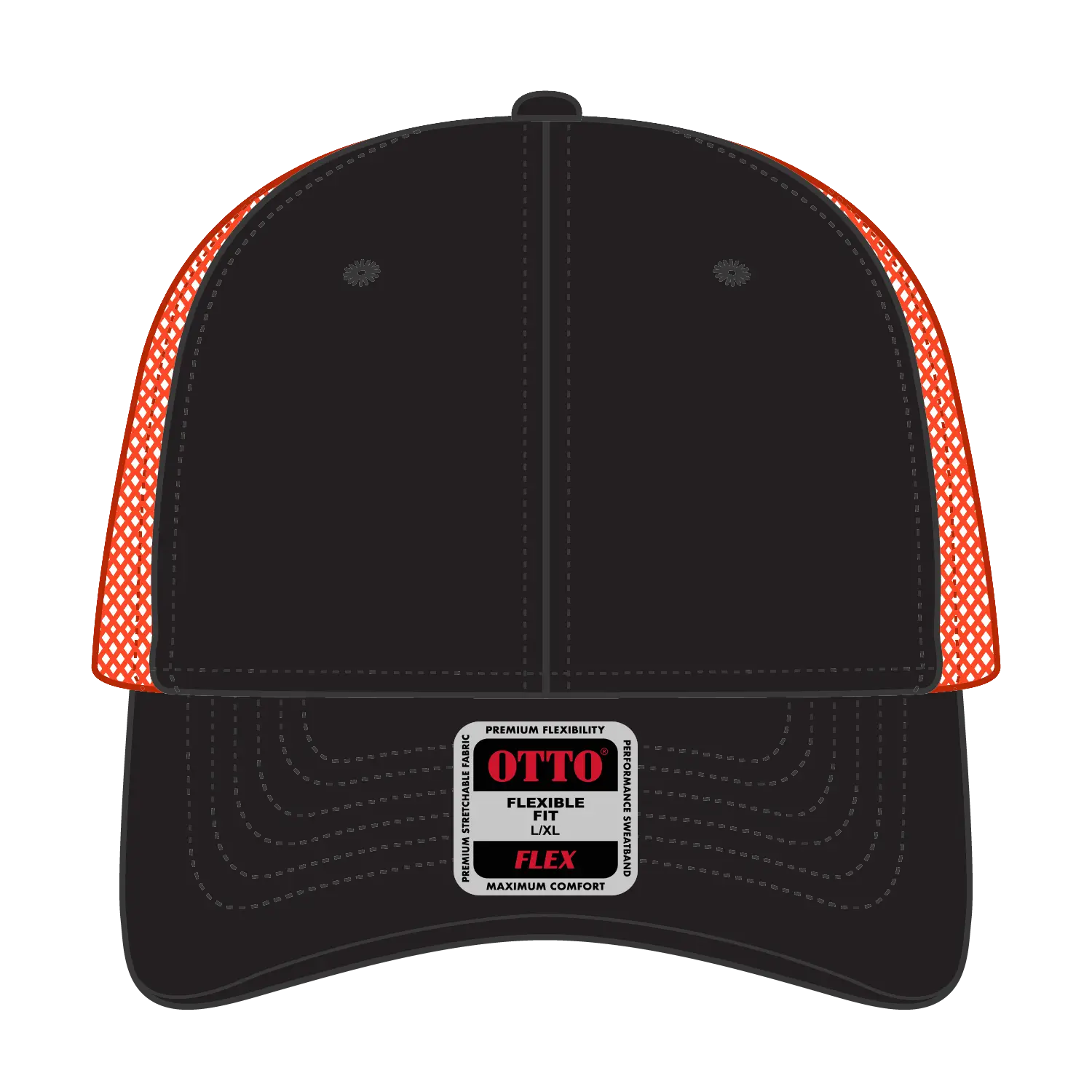OTTO 135-2 ’OTTO Flex’ Fitted 6 Panel Low Profile Mesh Back Trucker Cap - Blk/Blk/Org - Blk/Blk/Org / 7 3/8’’ - 7 5/8’’