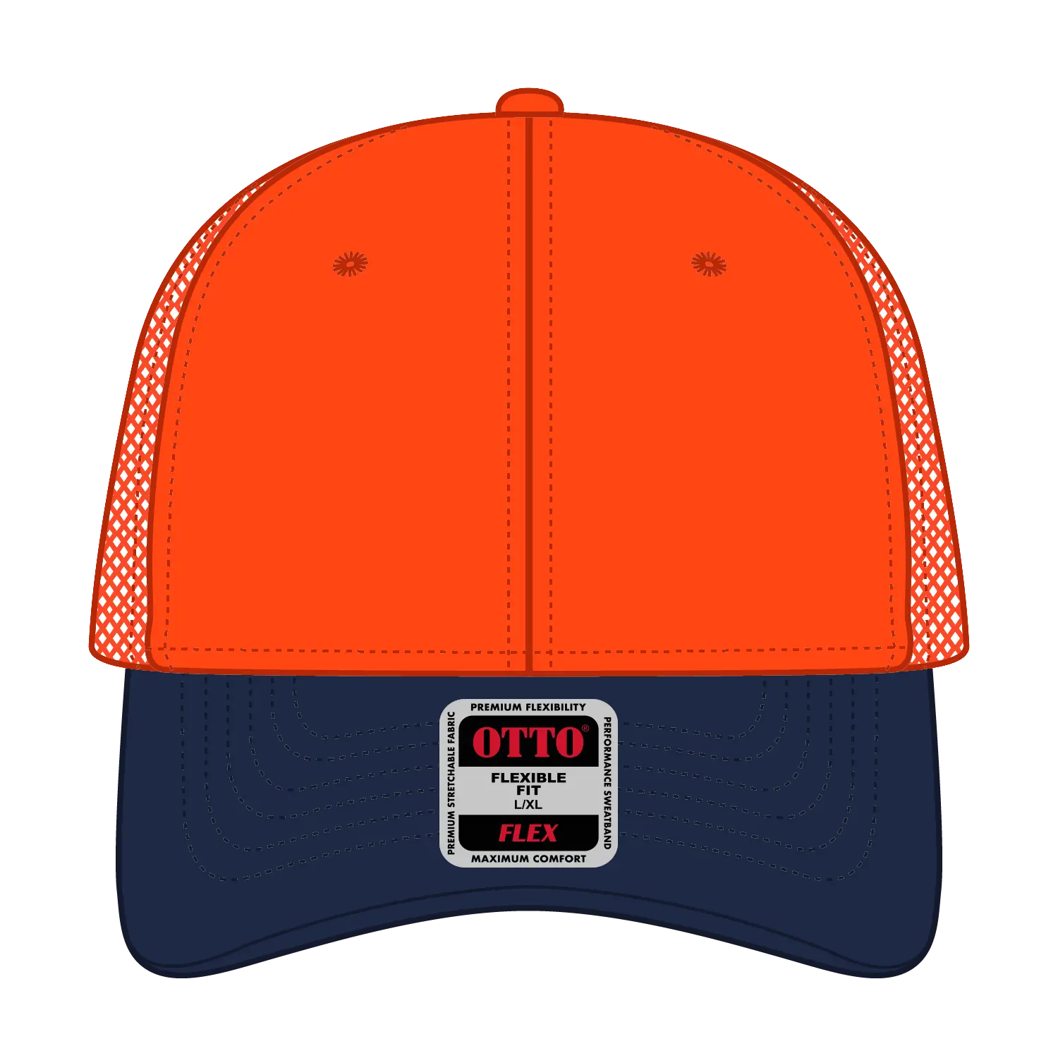OTTO 135-2 ’OTTO Flex’ Fitted 6 Panel Low Profile Mesh Back Trucker Cap - Nvy/Org/Org - Nvy/Org/Org / 7 3/8’’ - 7 5/8’’