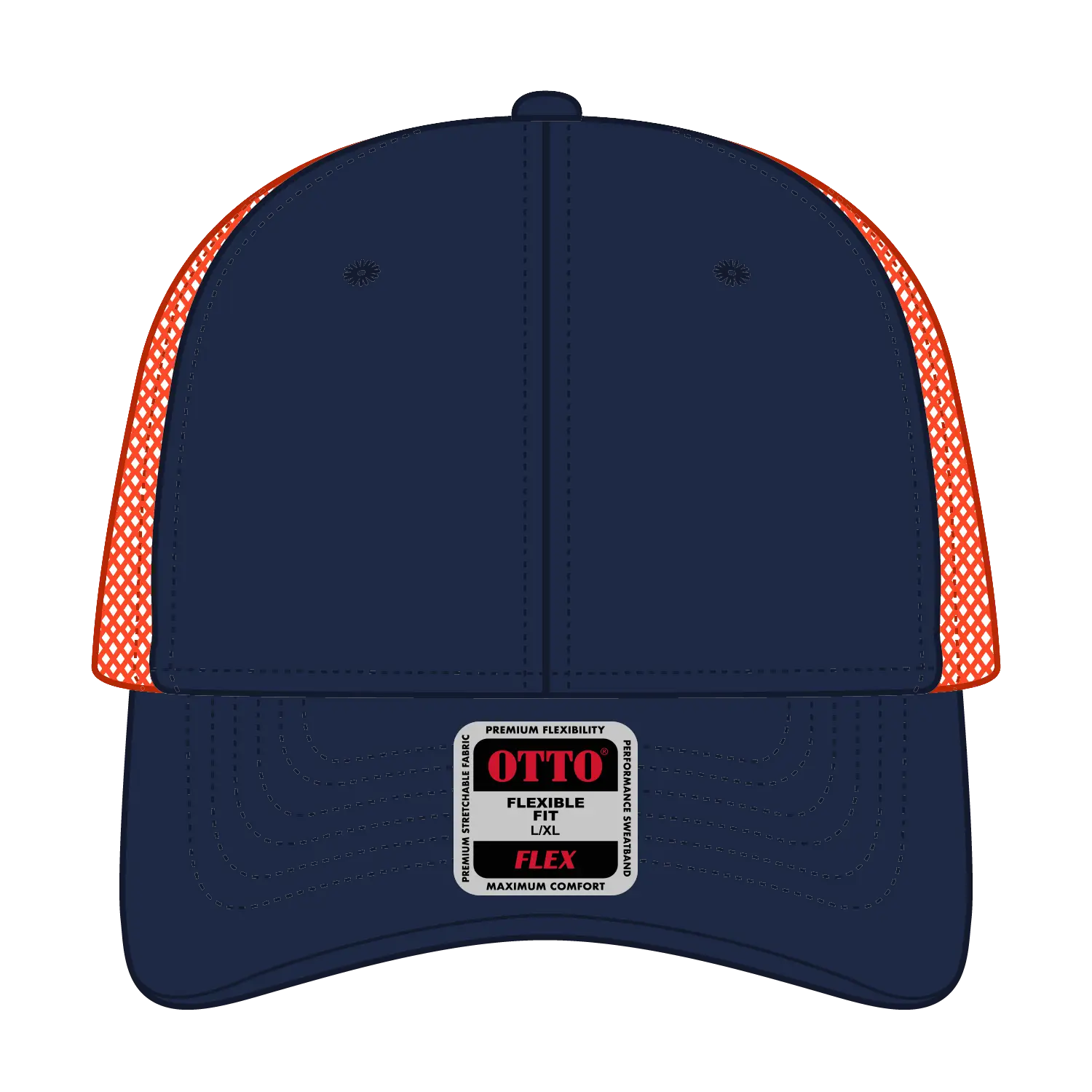 OTTO 135-2 ’OTTO Flex’ Fitted 6 Panel Low Profile Mesh Back Trucker Cap - Nvy/Nvy/Org - Nvy/Nvy/Org / 7 3/8’’ - 7 5/8’’