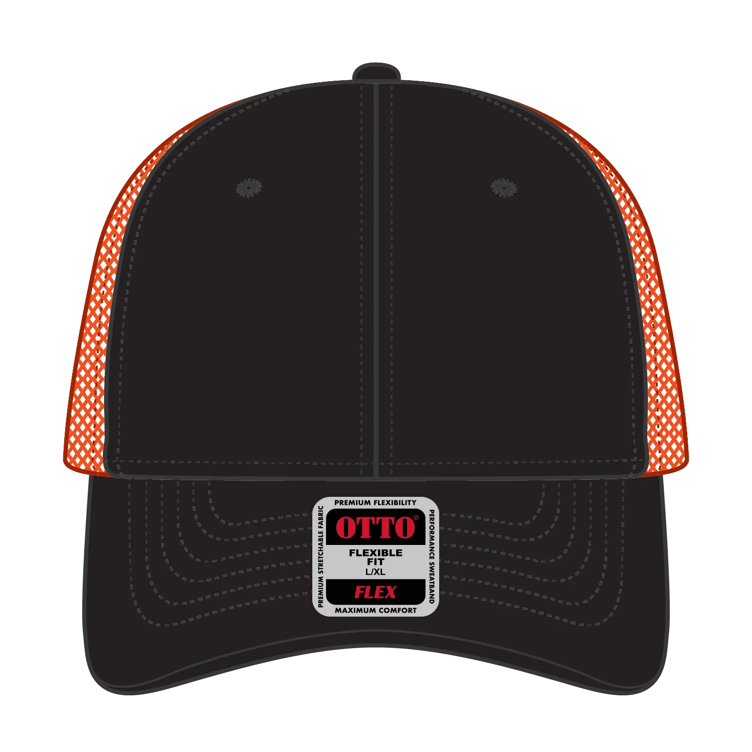OTTO 135-2 ’OTTO Flex’ Fitted 6 Panel Low Profile Mesh Back Trucker Cap - Blk/Blk/N Org - Blk/Blk/N Org / 7 3/8’’ - 7