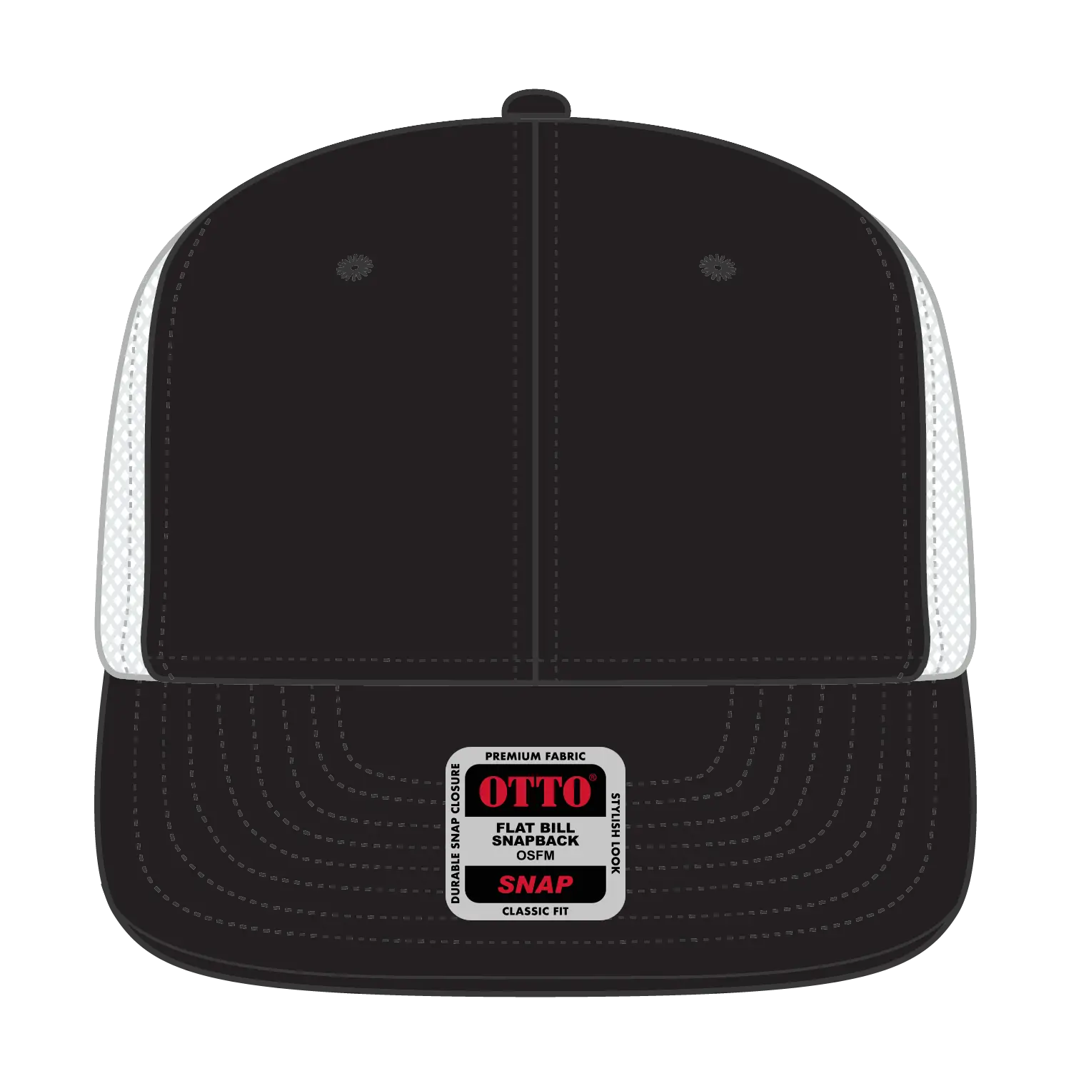 OTTO 141-1070 ’OTTO Snap’ 6 Panel Pro Style Mesh Back Trucker Snapback Cap - Blk/Blk/Wht - Blk/Blk/Wht / 6 1/2’’ - 7