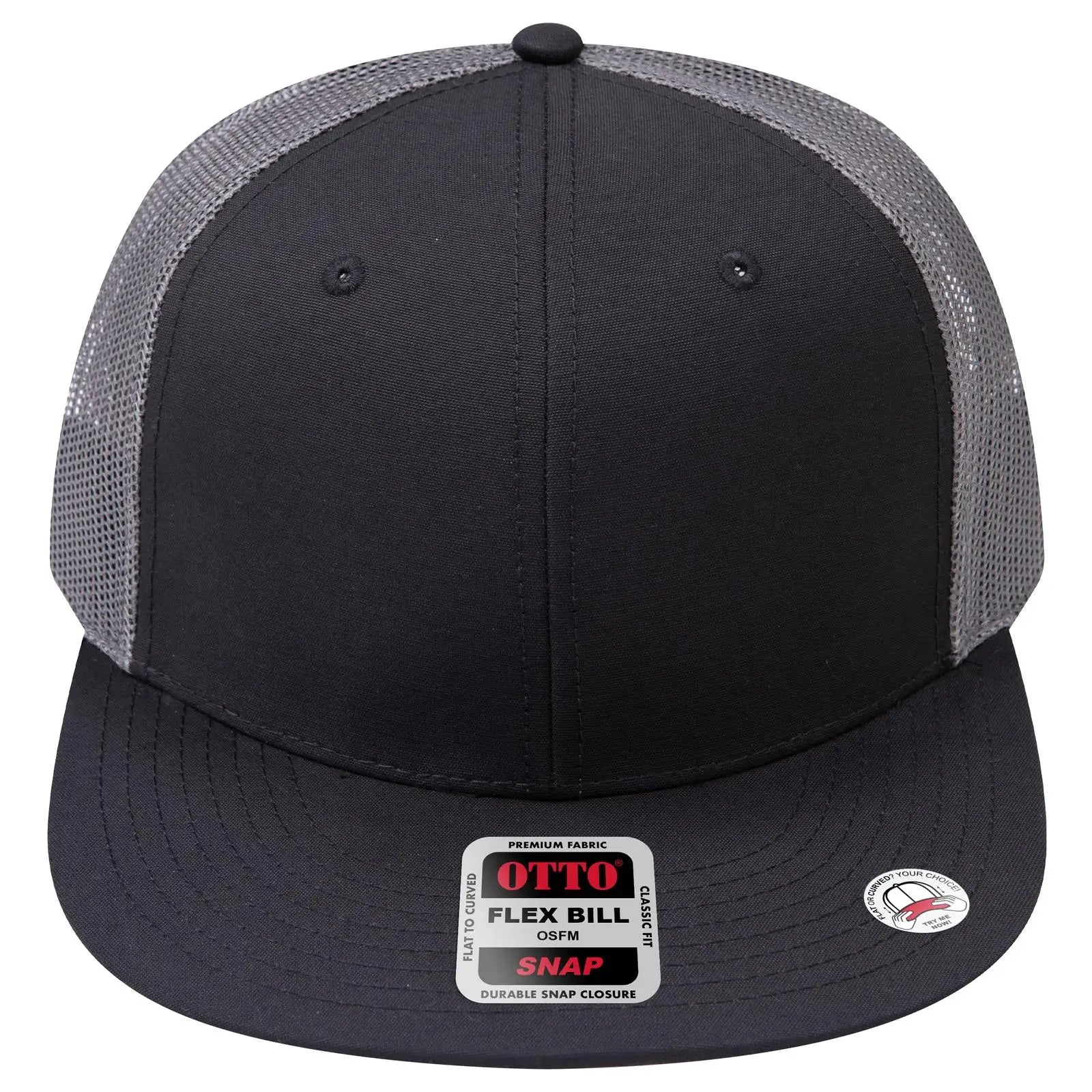 OTTO 141-1070 ’OTTO Snap’ 6 Panel Pro Style Mesh Back Trucker Snapback Cap - Blk/Blk/Ch Gry - Blk/Blk/Ch Gry / 6 1/2’’