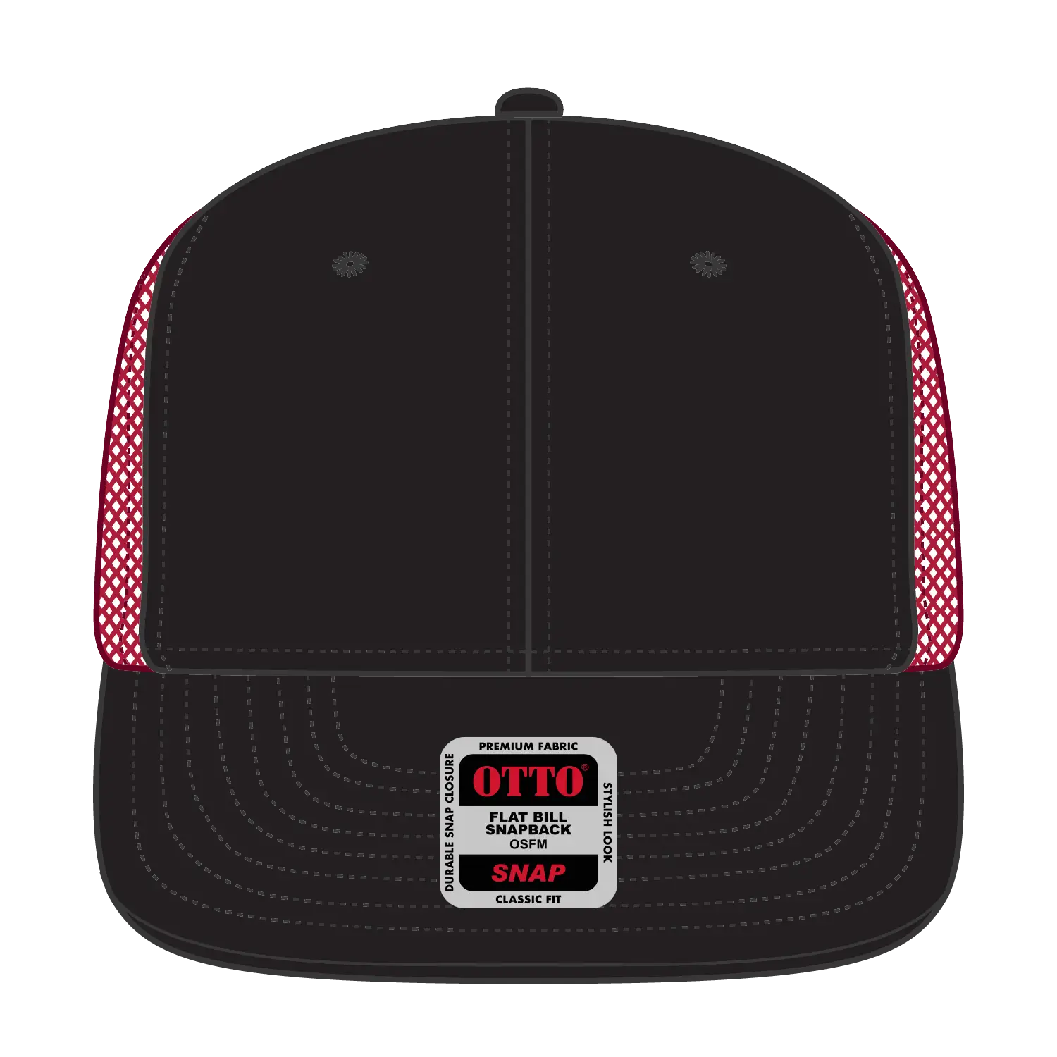 OTTO 141-1070 ’OTTO Snap’ 6 Panel Pro Style Mesh Back Trucker Snapback Cap - Blk/Blk/Red - Blk/Blk/Red / 6 1/2’’ - 7
