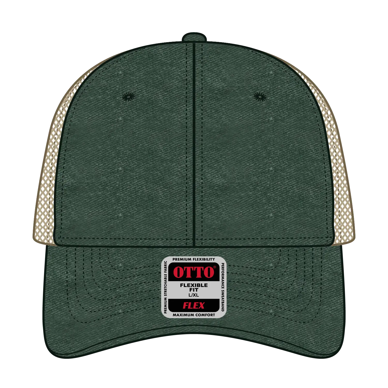 OTTO 169-1264 ’OTTO Flex’ Fitted 6 Panel Low Profile Mesh Back Trucker Cap - Dk.Grn/Dk.Grn/Kha - Dk.Grn/Dk.Grn/Kha / 7