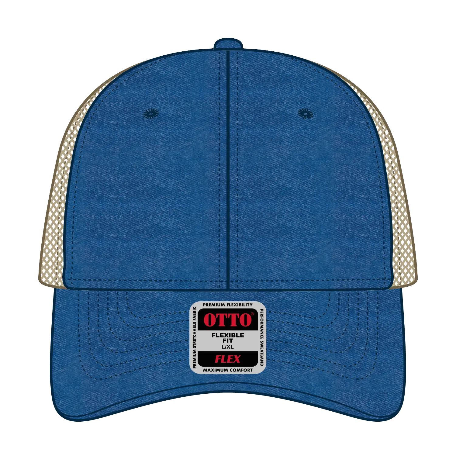 OTTO 169-1264 ’OTTO Flex’ Fitted 6 Panel Low Profile Mesh Back Trucker Cap - Ryl/Ryl/Kha - Ryl/Ryl/Kha / 7 3/8’’ - 7