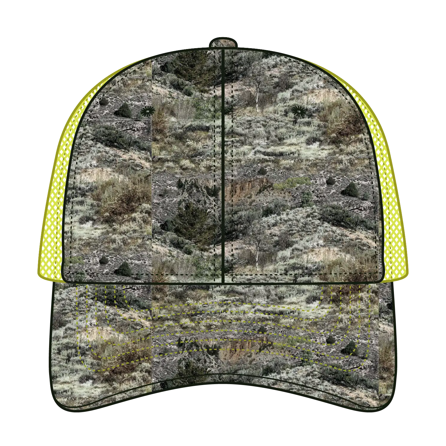 OTTO 171-1293 Mossy Oak Camouflage 6 Panel Low Profile Mesh Back Trucker Cap - Mountain Country Range/N.Ylw - Mountain