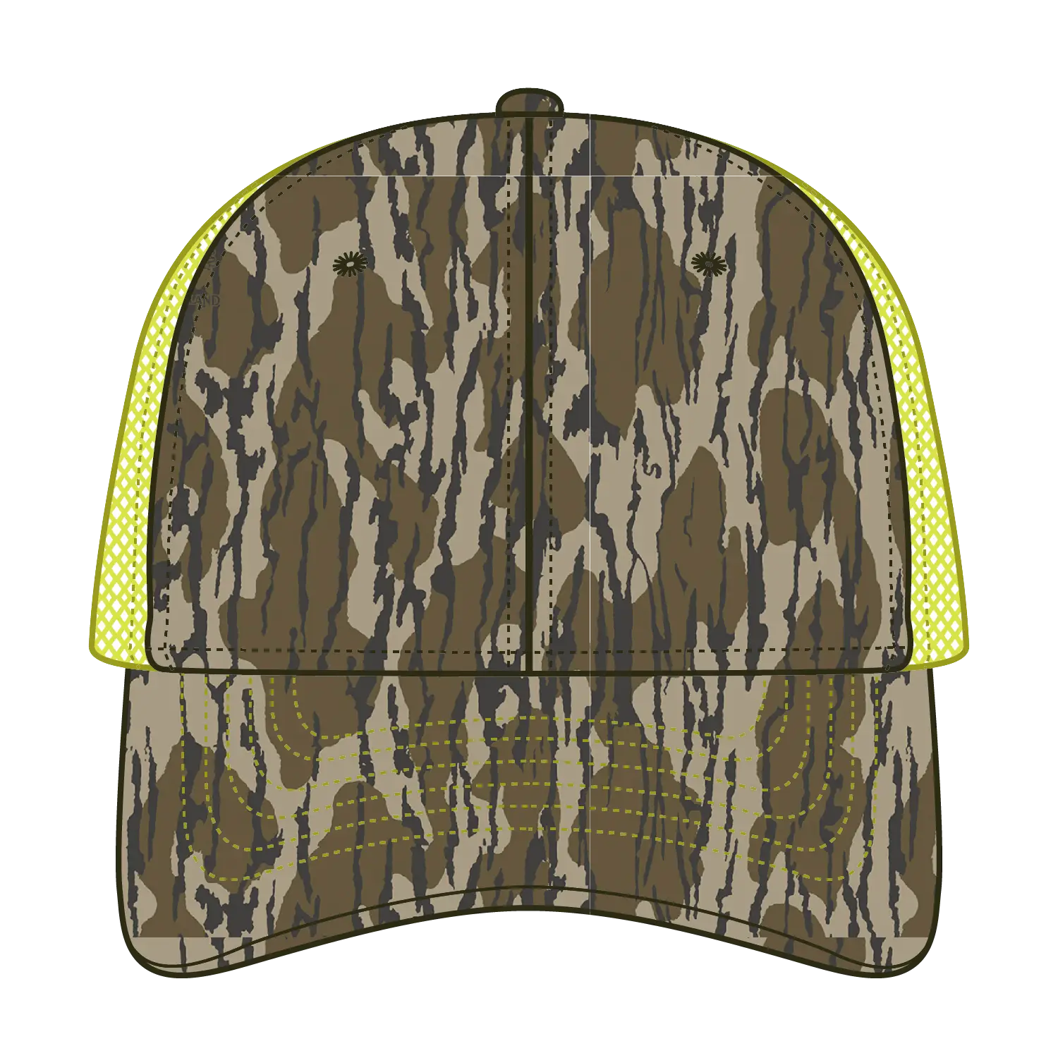 OTTO 171-1293 Mossy Oak Camouflage 6 Panel Low Profile Mesh Back Trucker Cap - Bottomland/N.Ylw - Bottomland/N.Ylw / 6