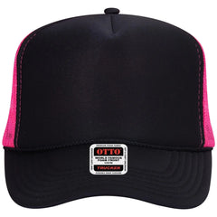 OTTO 39-165 5 Panel High Crown Mesh Back Trucker Cap - Blk/Blk/N.Pnk - Blk/Blk/N.Pnk / 6 1/2’’ - 7 5/8’’