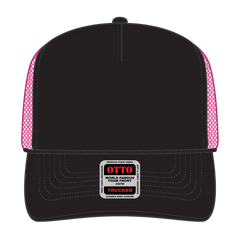 OTTO 39-165 5 Panel High Crown Mesh Back Trucker Cap - Blk/Blk/N.Pnk - Blk/Blk/N.Pnk / 6 1/2’’ - 7 5/8’’