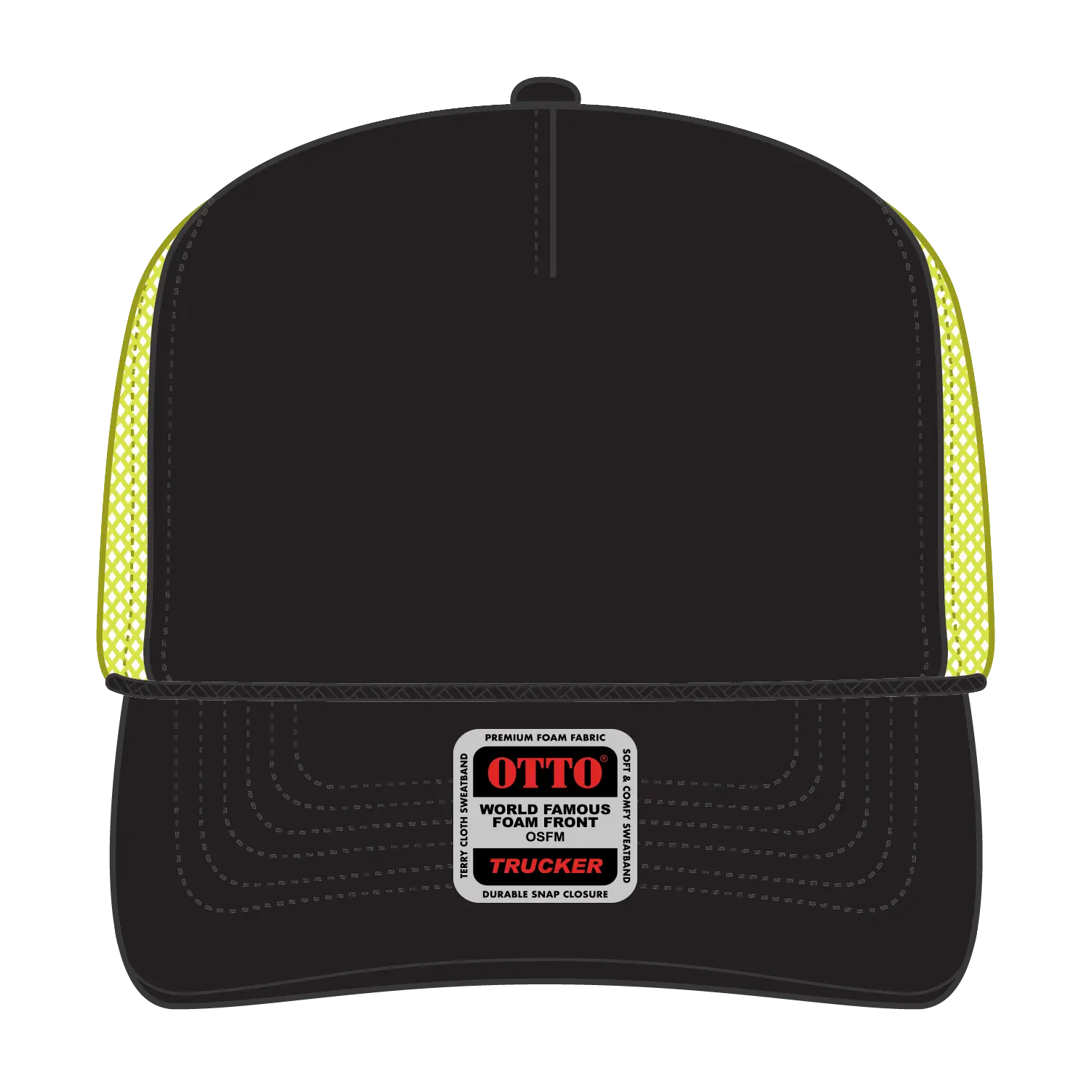 OTTO 39-165 5 Panel High Crown Mesh Back Trucker Cap - Blk/Blk/N.Ylw - Blk/Blk/N.Ylw / 6 1/2’’ - 7 5/8’’