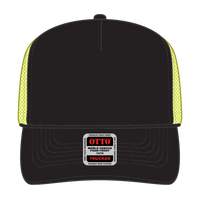 OTTO 39-165 5 Panel High Crown Mesh Back Trucker Cap - Blk/Blk/N.Ylw - Blk/Blk/N.Ylw / 6 1/2’’ - 7 5/8’’