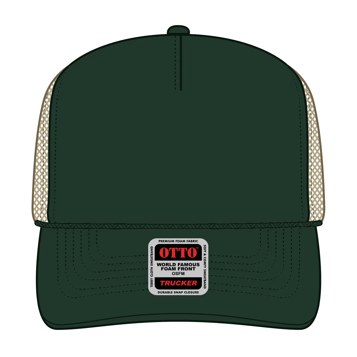 OTTO 39-165 5 Panel High Crown Mesh Back Trucker Cap - Dk.Grn/Dk.Grn/Kha - Dk.Grn/Dk.Grn/Kha / 6 1/2’’ - 7 5/8’’