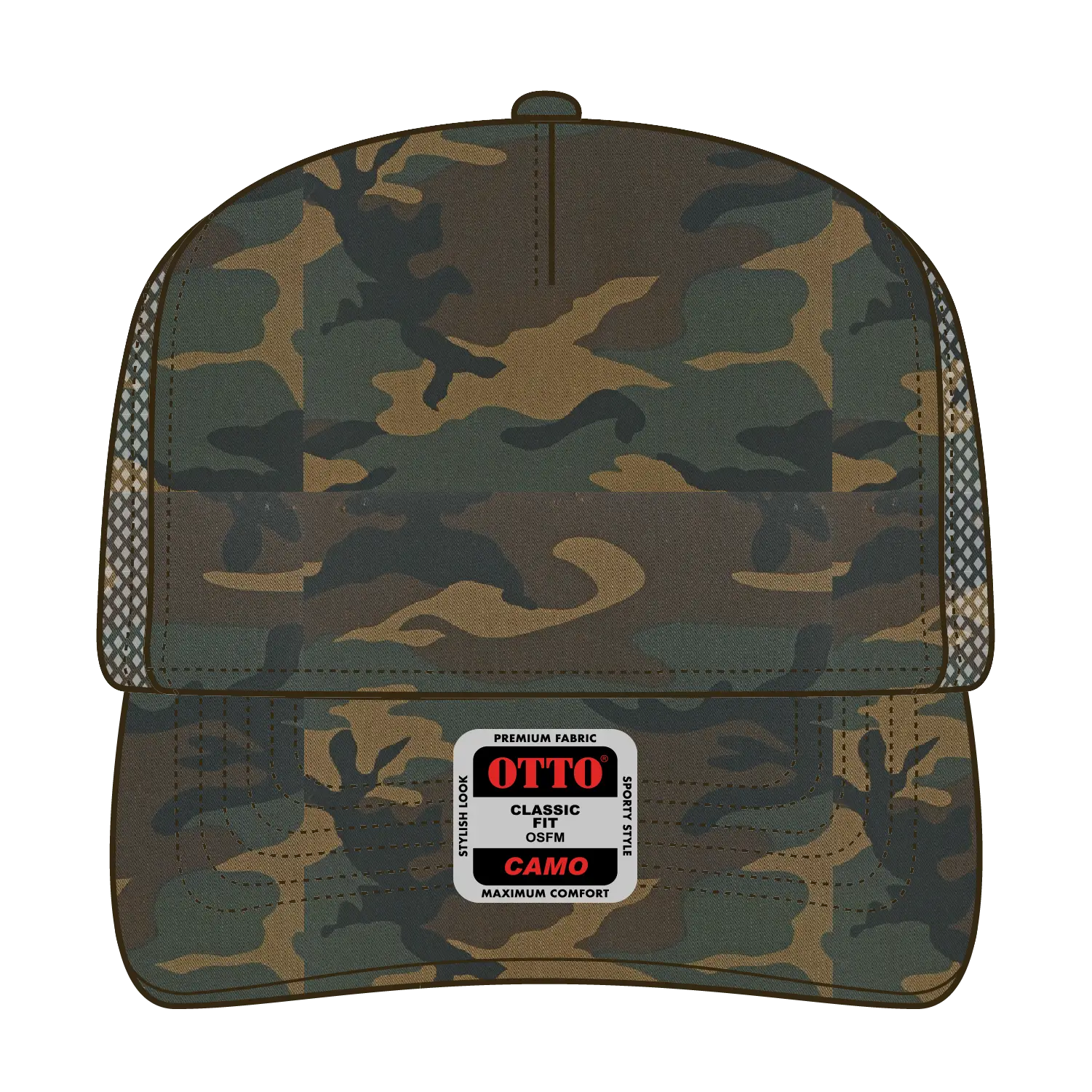 OTTO 47-049 Camouflage 5 Panel Mid Profile Mesh Back Trucker Cap - Dk.Grn/Brn - Dk.Grn/Brn / 6 1/2’’ - 7 5/8’’