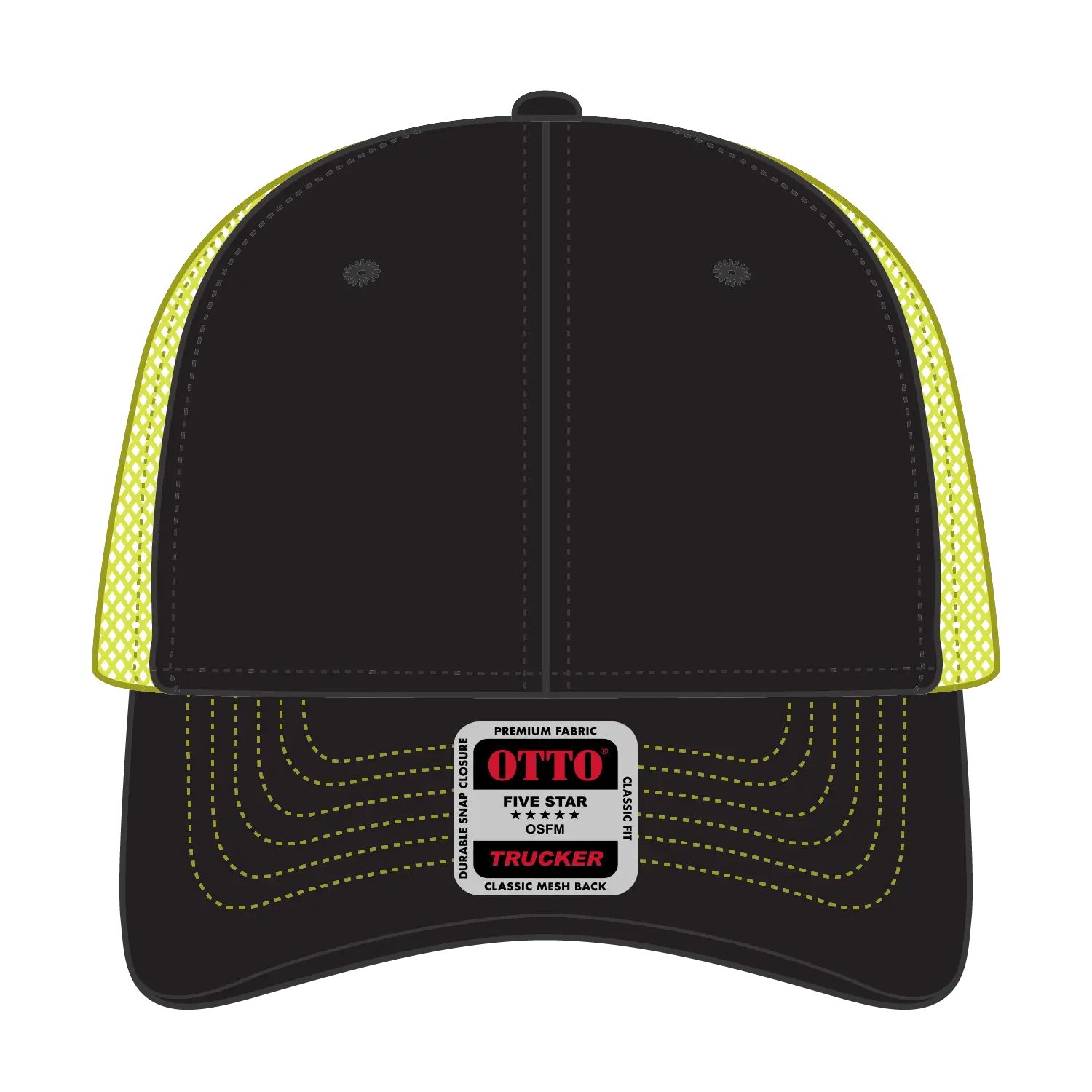 OTTO 83-1239 6 Panel Low Profile Mesh Back Trucker Cap - Blk/Blk/N.Ylw - Blk/Blk/N.Ylw / 6 1/2’’ - 7 5/8’’