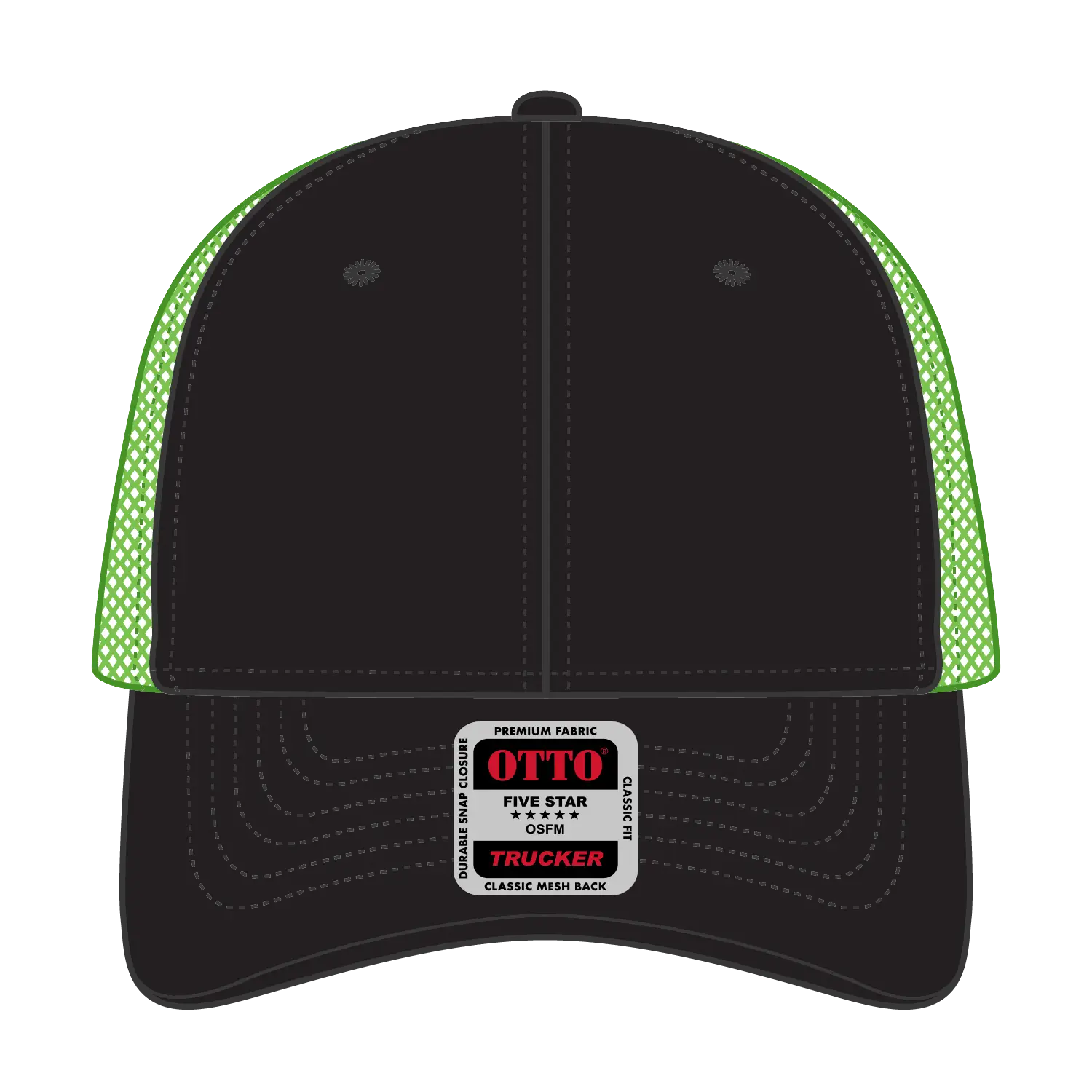 OTTO 83-473 6 Panel Low Profile Mesh Back Trucker Cap - Blk/Blk/N.Grn - Blk/Blk/N.Grn / 6 1/2’’ - 7 5/8’’
