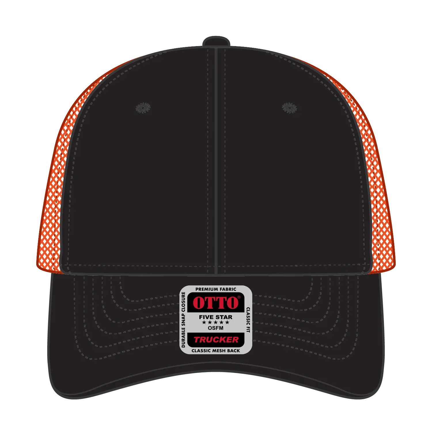 OTTO 83-473 6 Panel Low Profile Mesh Back Trucker Cap - Blk/Blk/N Org - Blk/Blk/N Org / 6 1/2’’ - 7 5/8’’