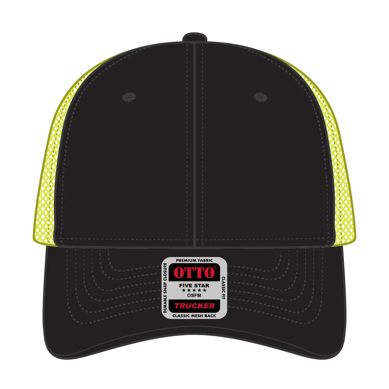 OTTO 83-473 6 Panel Low Profile Mesh Back Trucker Cap - Blk/Blk/N.Ylw - Blk/Blk/N.Ylw / 6 1/2’’ - 7 5/8’’