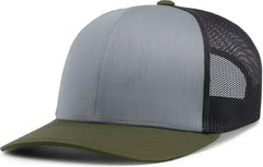Pacific Headwear 104C Trucker Snapback Cap - Heather Grey Lt Charcoal Moss Green - Heather Grey Lt Charcoal Moss Green