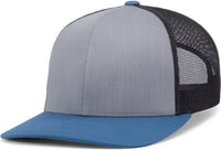 Pacific Headwear 104C Trucker Snapback Cap - Heather Grey Lt Charcoal Ocean Blue - Heather Grey Lt Charcoal Ocean Blue