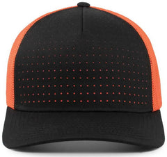 Pacific Headwear 105P Perforated 5 Panel Trucker Snapback Cap - Black Orange Black - Black Orange / 7’’ 7 7/8’’