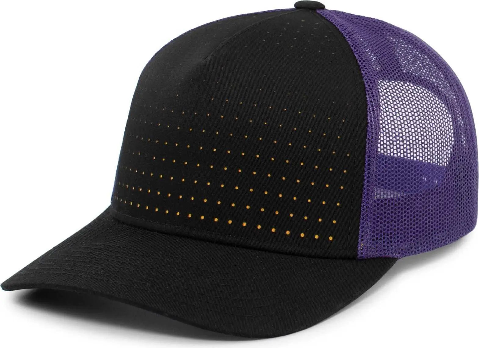 Pacific Headwear 105P Perforated 5 Panel Trucker Snapback Cap - Black Purple Gold - Black Gold / 7’’ 7 7/8’’