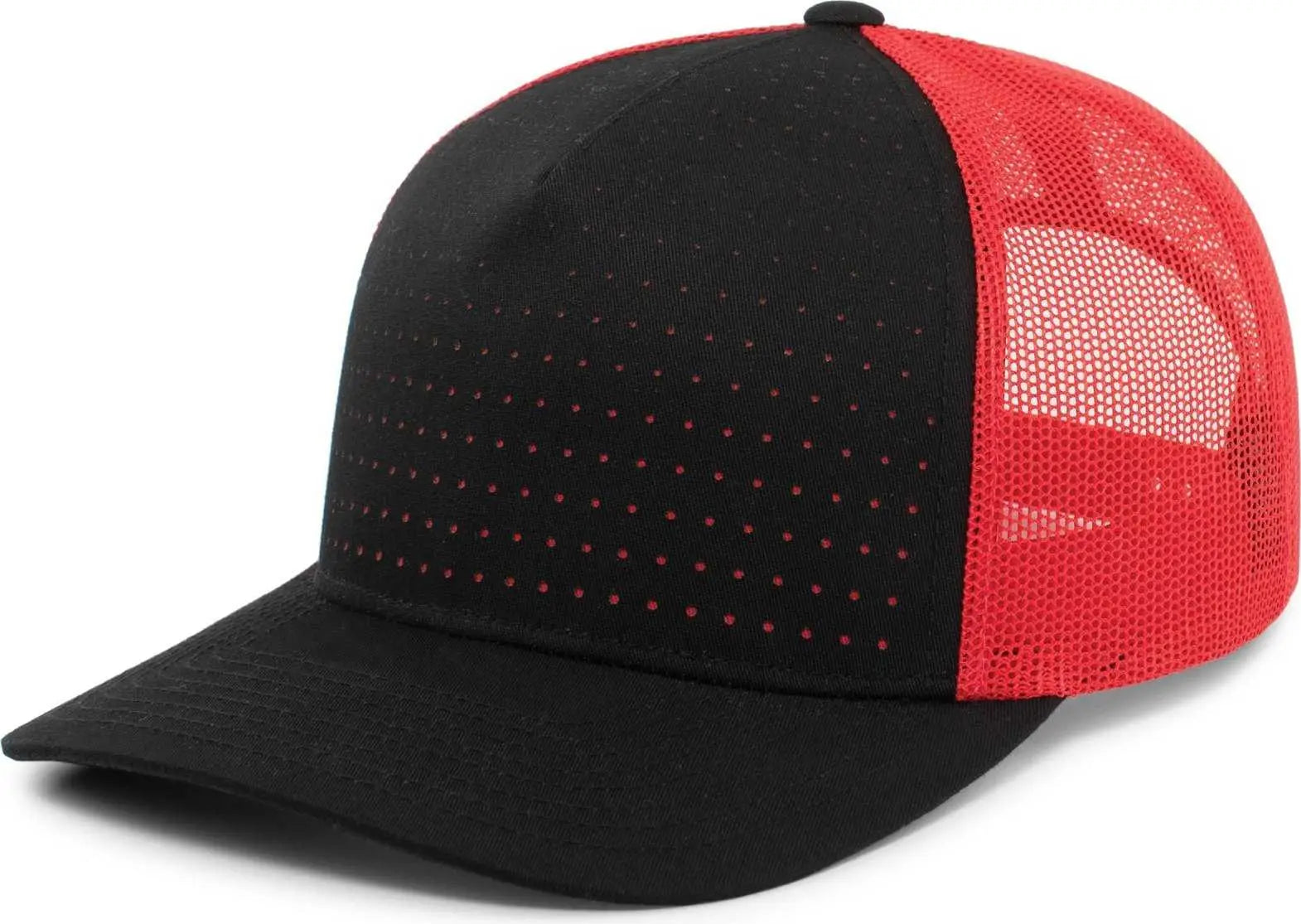 Pacific Headwear 105P Perforated 5 Panel Trucker Snapback Cap - Black Red Black - Black Red / 7’’ 7 7/8’’
