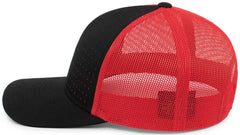 Pacific Headwear 105P Perforated 5 Panel Trucker Snapback Cap - Black Red Black - Black Red / 7’’ 7 7/8’’