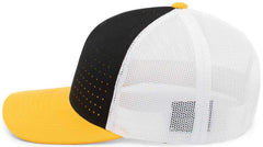 Pacific Headwear 105P Perforated 5 Panel Trucker Snapback Cap - Black White Gold - Black Gold / 7’’ 7 7/8’’
