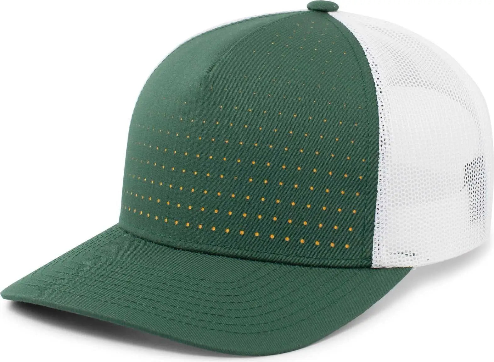 Pacific Headwear 105P Perforated 5 Panel Trucker Snapback Cap - Dark Green White Gold - Forest Gold / 7’’ 7 7/8’’