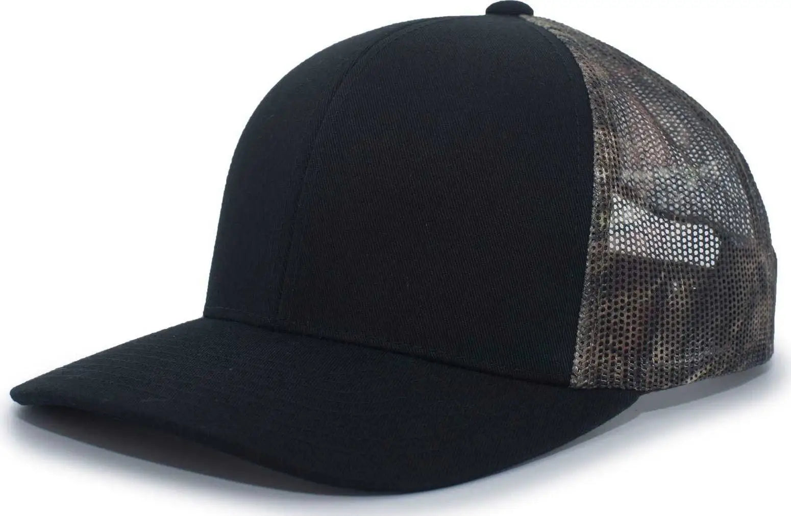 Pacific Headwear 108C Camo Trucker Snapback Cap - Black Break-Up Country - Black Mossy Oak / 7’’ - 7 7/8’’