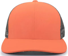 Pacific Headwear 108C Camo Trucker Snapback Cap - Blaze Break-Up Country - Blaze Mossy Oak / 7’’ - 7 7/8’’