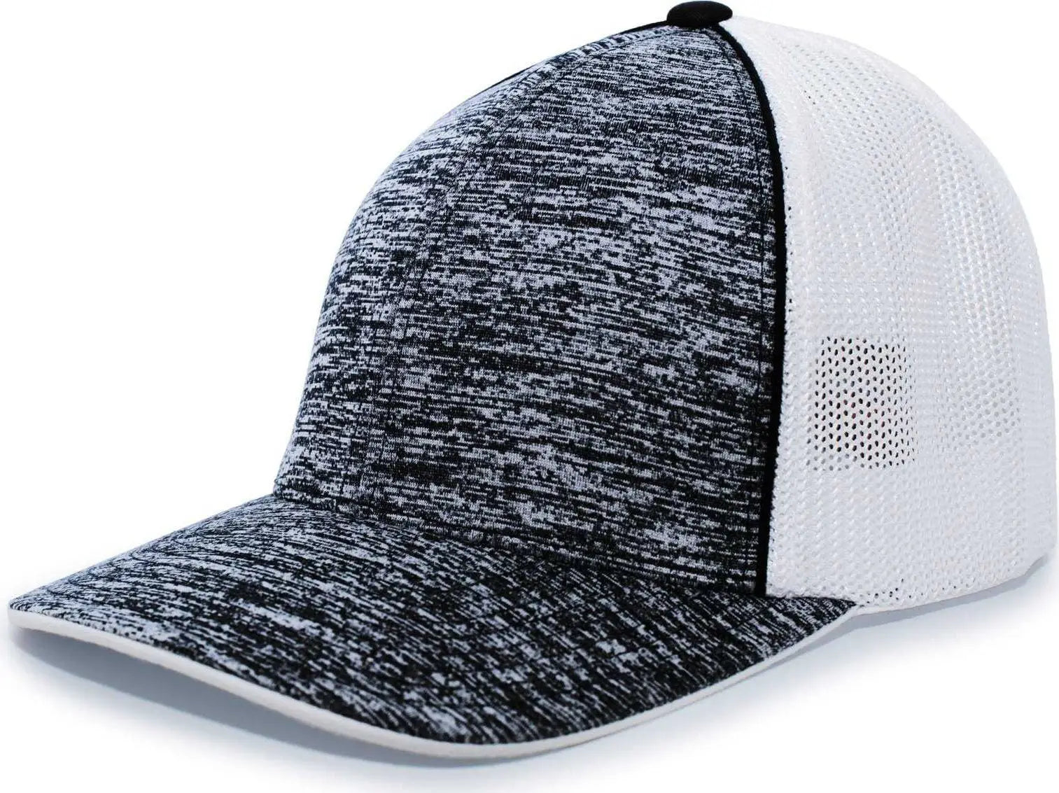 Pacific Headwear 406F Aggressive Heather Trucker Flexfit Cap - Black Heather White - Black White / 6 3/8’’ - 6 7/8’’