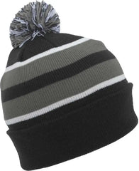 Pacific Headwear 641K Knit Fold Over Pom-Pom Beanie - Black Graphite White - Black Graphite White / 7’’ - 7 7/8’’