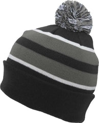 Pacific Headwear 641K Knit Fold Over Pom-Pom Beanie - Black Graphite White - Black Graphite White / 7’’ - 7 7/8’’