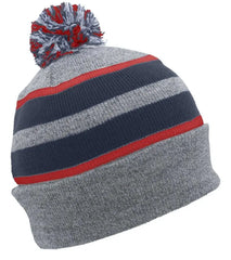 Pacific Headwear 641K Knit Fold Over Pom-Pom Beanie - Heather Navy Red - Heather Navy Red / 7’’ - 7 7/8’’