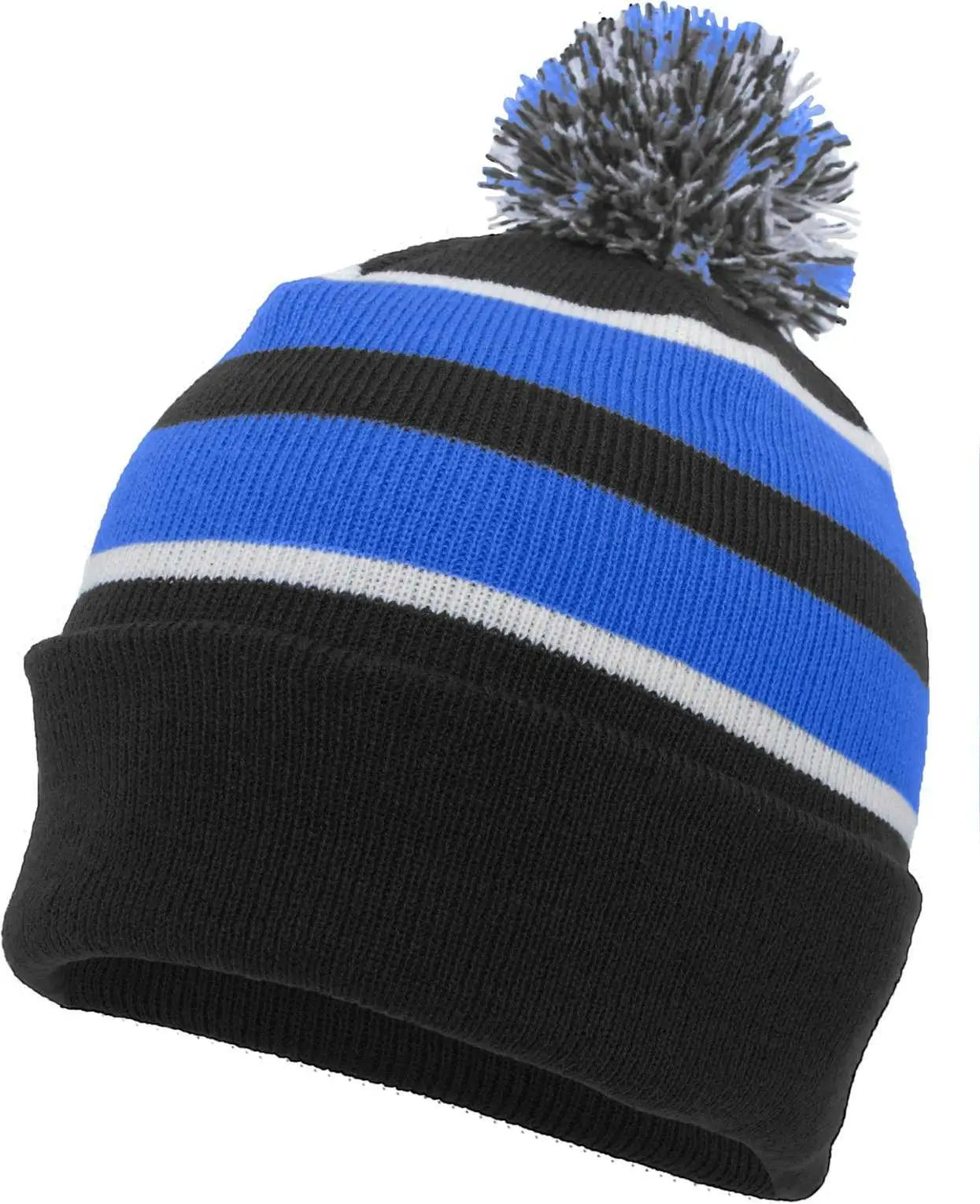 Pacific Headwear 641K Pom-Pom Cuff Beanie - Black Royal White - Black Royal / 7’’ - 7 7/8’’