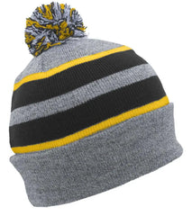 Pacific Headwear 641K Pom-Pom Cuff Beanie - Heather Gray Black Gold - Gray Black / 7’’ - 7 7/8’’