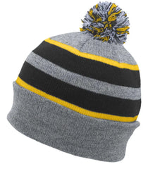 Pacific Headwear 641K Pom-Pom Cuff Beanie - Heather Gray Black Gold - Gray Black / 7’’ - 7 7/8’’