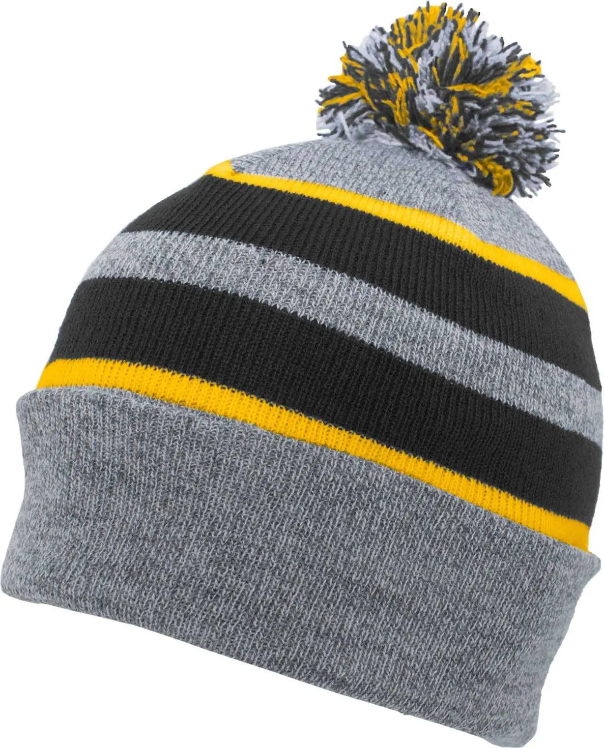 Pacific Headwear 641K Pom-Pom Cuff Beanie - Heather Gray Black Gold - Gray Black / 7’’ - 7 7/8’’