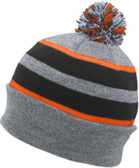 Pacific Headwear 641K Pom-Pom Cuff Beanie - Heather Gray Black Orange - Gray Black / 7’’ - 7 7/8’’