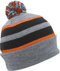 Pacific Headwear 641K Pom-Pom Cuff Beanie - Heather Gray Black Orange - Gray Black / 7’’ - 7 7/8’’
