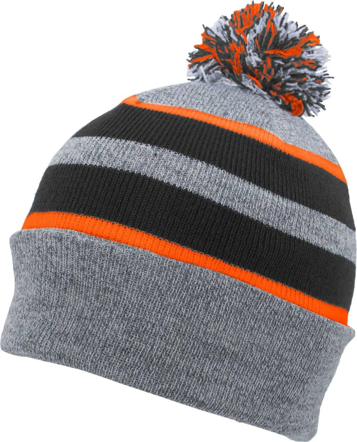 Pacific Headwear 641K Pom-Pom Cuff Beanie - Heather Gray Black Orange - Gray Black / 7’’ - 7 7/8’’