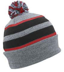 Pacific Headwear 641K Pom-Pom Cuff Beanie - Heather Gray Black Red - Gray Black / 7’’ - 7 7/8’’