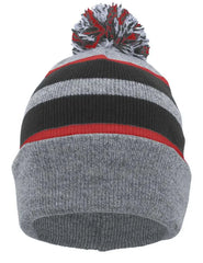 Pacific Headwear 641K Pom-Pom Cuff Beanie - Heather Gray Black Red - Gray Black / 7’’ - 7 7/8’’