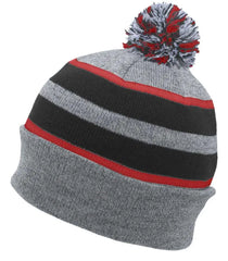 Pacific Headwear 641K Pom-Pom Cuff Beanie - Heather Gray Black Red - Gray Black / 7’’ - 7 7/8’’