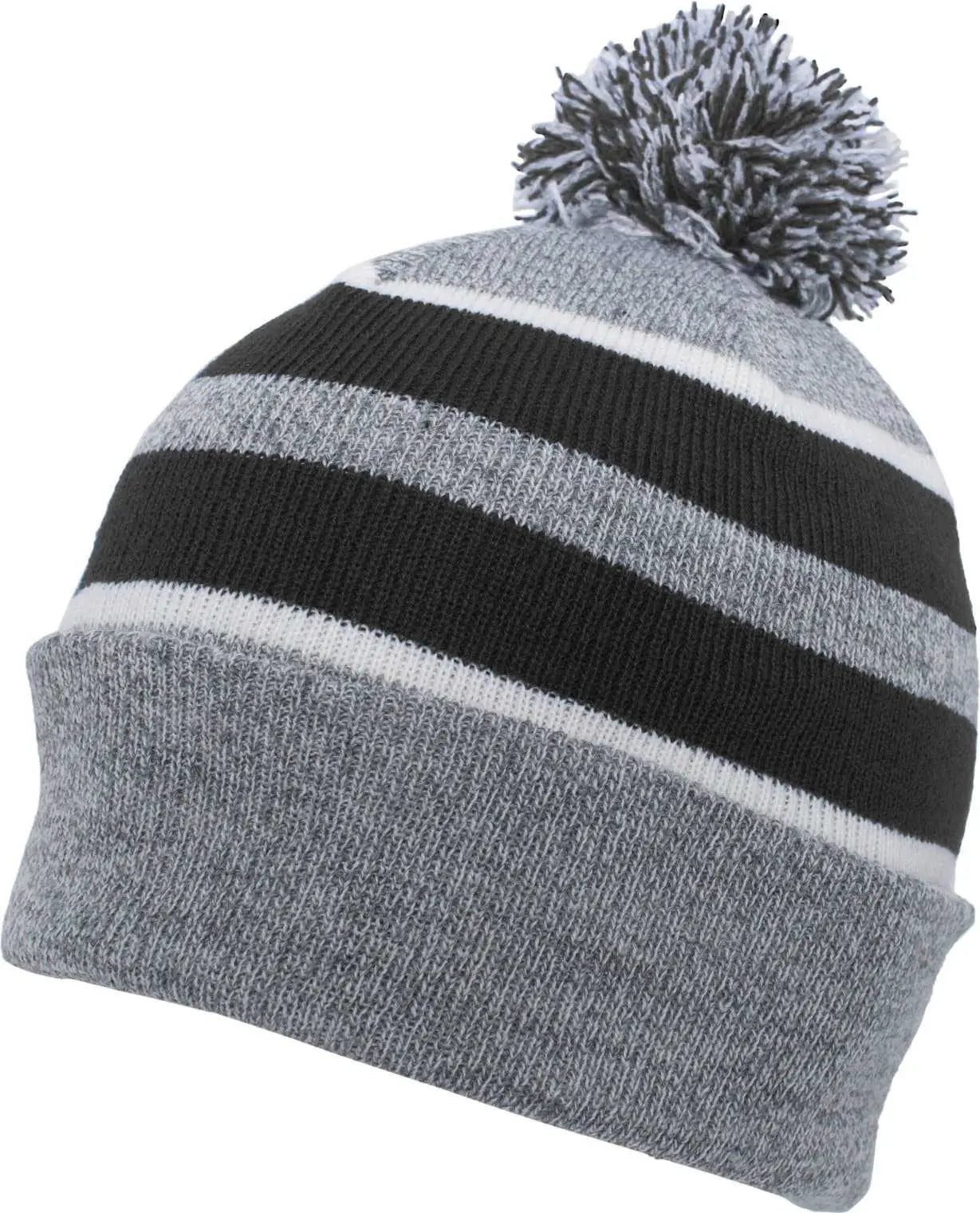 Pacific Headwear 641K Pom-Pom Cuff Beanie - Heather Gray Black White - Gray Black / 7’’ - 7 7/8’’