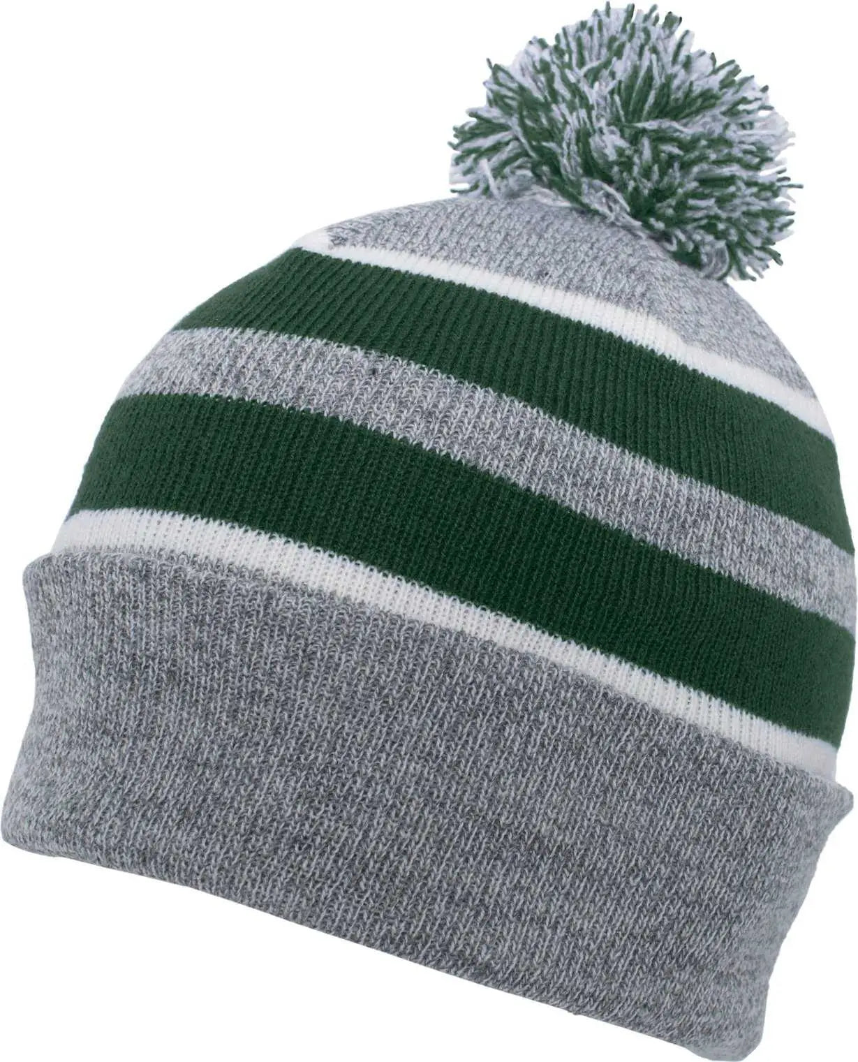 Pacific Headwear 641K Pom-Pom Cuff Beanie - Heather Gray Dark Green White - Gray Forest / 7’’ - 7 7/8’’