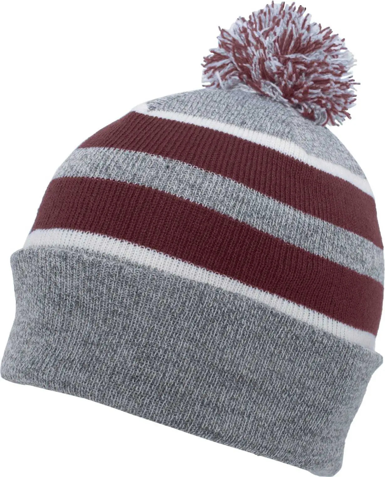 Pacific Headwear 641K Pom-Pom Cuff Beanie - Heather Gray Maroon White - Gray Maroon / 7’’ - 7 7/8’’